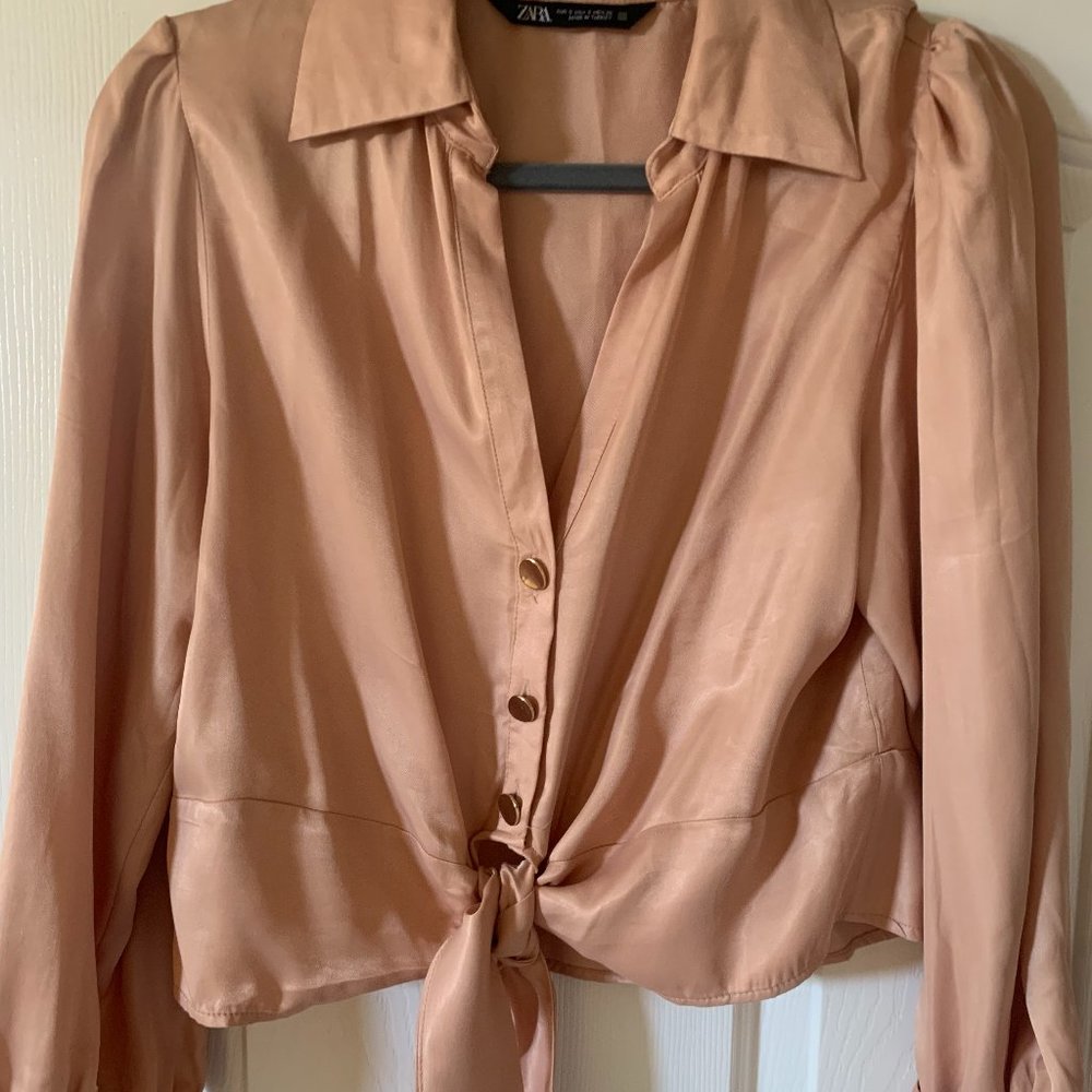 Zara Tie Waist Cropped Blouse Champagne Color